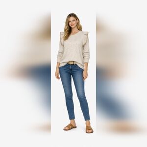 NWT Democracy® Heathered Cream Ruffle-Shoulder Scoop Neck Sweater Size XL